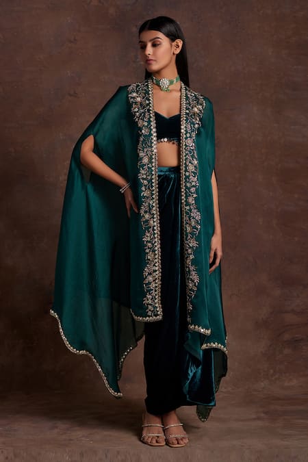 Label Sanya Gulati Green Silk Velvet Embroidered Sequin Cape Open Floral Vine Draped Skirt Set