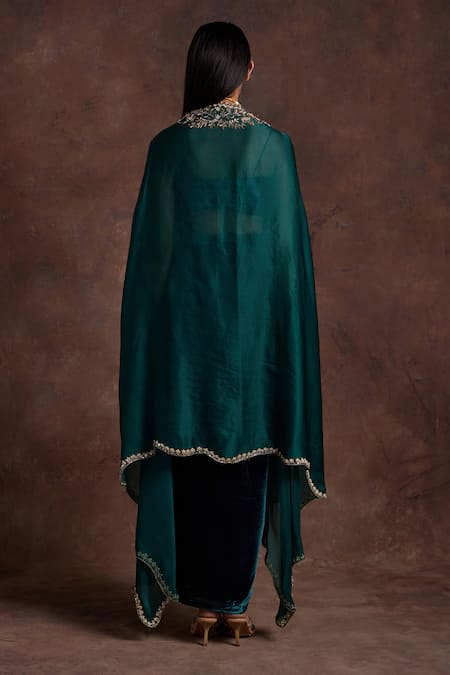 Shop Label Sanya Gulati Green , Organza Sequins, Floral Vine Embroidered Cape Draped Skirt Set at Aza Fashions Shop_Label Sanya Gulati_Green , Organza Sequins, Floral Vine Embroidered Cape Draped Skirt Set _at_Aza_Fashions