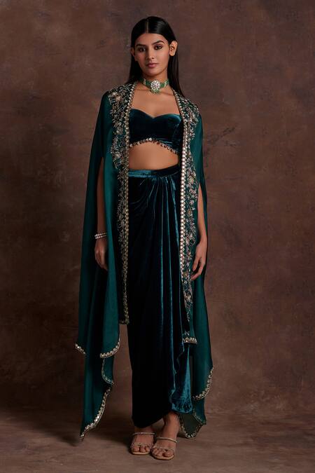 Shop Label Sanya Gulati Green , Organza Sequins, Floral Vine Embroidered Cape Draped Skirt Set Online at Aza Fashions Shop_Label Sanya Gulati_Green , Organza Sequins, Floral Vine Embroidered Cape Draped Skirt Set _Online_at_Aza_Fashions