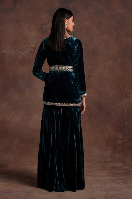 Shop Label Sanya Gulati Green Silk, Velvet Sequins, Floral Placement Embroidered Jacket With Sharara at Aza Fashions Shop_Label Sanya Gulati_Green Silk, Velvet Sequins, Floral Placement Embroidered Jacket With Sharara _at_Aza_Fashions