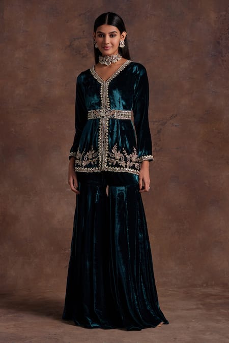 Label Sanya Gulati Green Silk, Velvet Sequins, Floral Placement Embroidered Jacket With Sharara Online at Aza Fashions Label Sanya Gulati_Green Silk, Velvet Sequins, Floral Placement Embroidered Jacket With Sharara _Online_at_Aza_Fashions