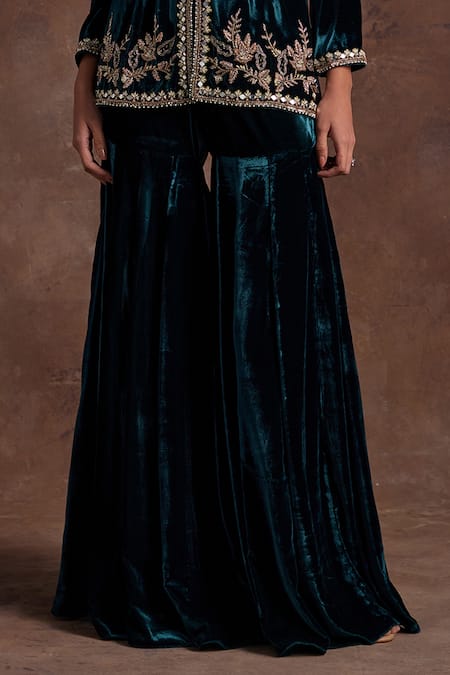 Buy Label Sanya Gulati Green Silk, Velvet Sequins, Floral Placement Embroidered Jacket With Sharara Online at Aza Fashions Buy_Label Sanya Gulati_Green Silk, Velvet Sequins, Floral Placement Embroidered Jacket With Sharara _Online_at_Aza_Fashions