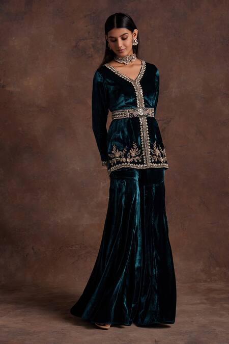 Shop Label Sanya Gulati Green Silk, Velvet Sequins, Floral Placement Embroidered Jacket With Sharara Online at Aza Fashions Shop_Label Sanya Gulati_Green Silk, Velvet Sequins, Floral Placement Embroidered Jacket With Sharara _Online_at_Aza_Fashions