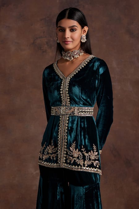 Label Sanya Gulati Green Silk, Velvet Sequins, Floral Placement Embroidered Jacket With Sharara at Aza Fashions Label Sanya Gulati_Green Silk, Velvet Sequins, Floral Placement Embroidered Jacket With Sharara _at_Aza_Fashions