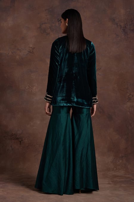 Shop Label Sanya Gulati Green Silk, Velvet Sequins, Pearls, Floral Placement Jacket With Sharara at Aza Fashions Shop_Label Sanya Gulati_Green Silk, Velvet Sequins, Pearls, Floral Placement Jacket With Sharara _at_Aza_Fashions