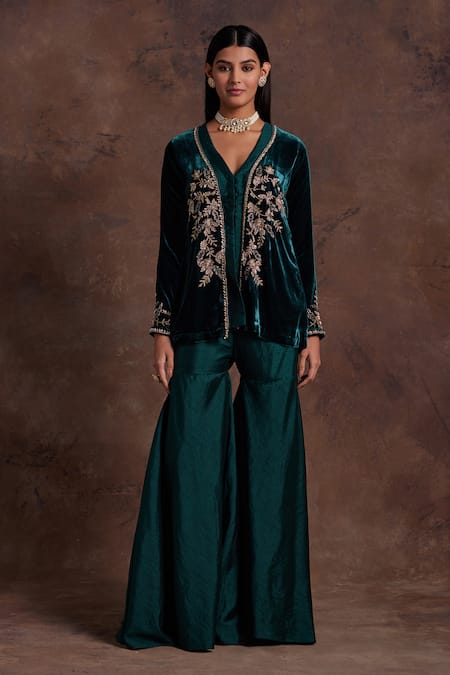 Label Sanya Gulati Green Silk, Velvet Sequins, Pearls, Floral Placement Jacket With Sharara Online at Aza Fashions Label Sanya Gulati_Green Silk, Velvet Sequins, Pearls, Floral Placement Jacket With Sharara _Online_at_Aza_Fashions