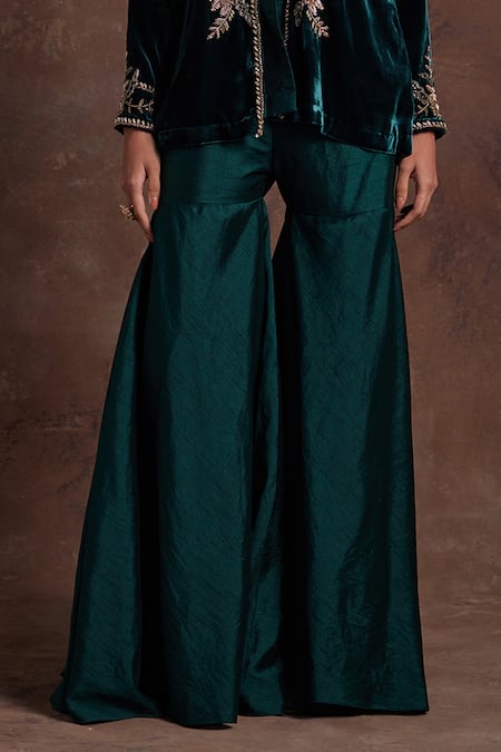 Buy Label Sanya Gulati Green Silk, Velvet Sequins, Pearls, Floral Placement Jacket With Sharara Online at Aza Fashions Buy_Label Sanya Gulati_Green Silk, Velvet Sequins, Pearls, Floral Placement Jacket With Sharara _Online_at_Aza_Fashions