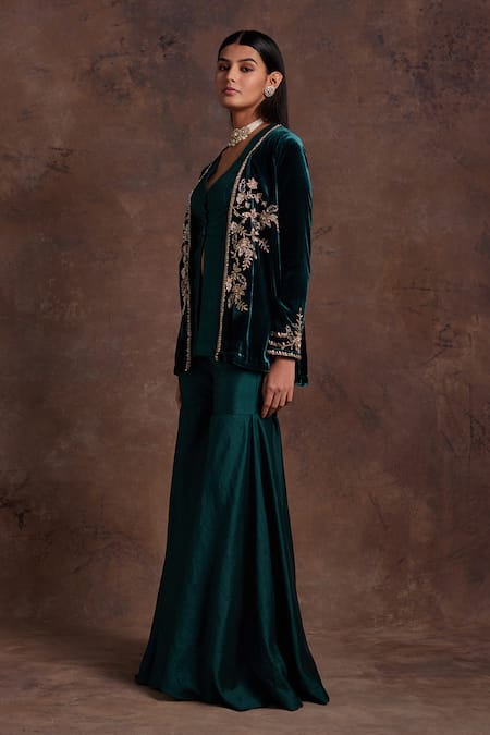 Shop Label Sanya Gulati Green Silk, Velvet Sequins, Pearls, Floral Placement Jacket With Sharara Online at Aza Fashions Shop_Label Sanya Gulati_Green Silk, Velvet Sequins, Pearls, Floral Placement Jacket With Sharara _Online_at_Aza_Fashions