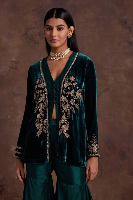 Label Sanya Gulati Green Silk, Velvet Sequins, Pearls, Floral Placement Jacket With Sharara at Aza Fashions Label Sanya Gulati_Green Silk, Velvet Sequins, Pearls, Floral Placement Jacket With Sharara _at_Aza_Fashions