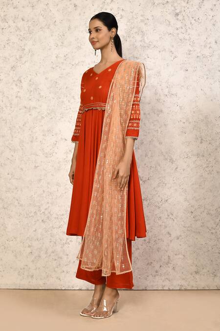 Shop_Samyukta Singhania_Orange Rayon, Polyester Embroidery, Mirrors V-neck Thread Anarkali Pant Set _Online_at_Aza_Fashions