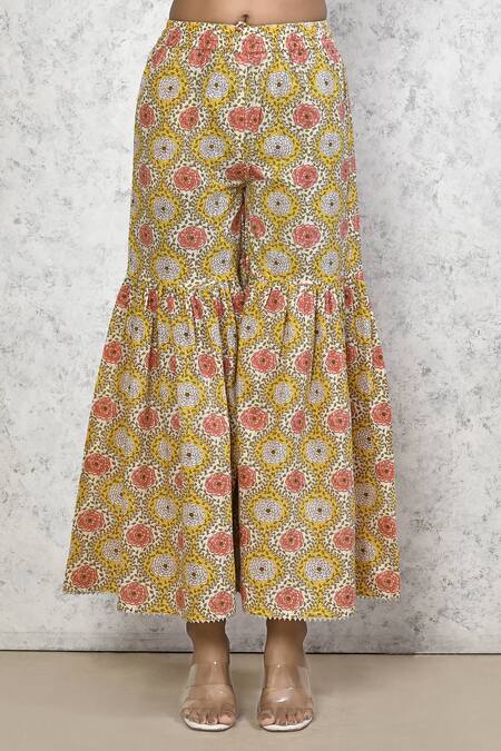 Naintara Bajaj_Yellow Cotton Embroidery, Lace Blossom Pattern Short Anarkali Flared Pant Set _Online_at_Aza_Fashions