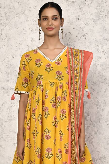 Buy_Naintara Bajaj_Yellow Cotton Embroidery, Lace Blossom Pattern Short Anarkali Flared Pant Set _Online_at_Aza_Fashions