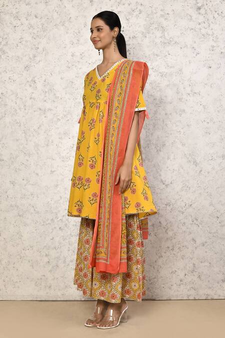 Shop_Naintara Bajaj_Yellow Cotton Embroidery, Lace Blossom Pattern Short Anarkali Flared Pant Set _Online_at_Aza_Fashions