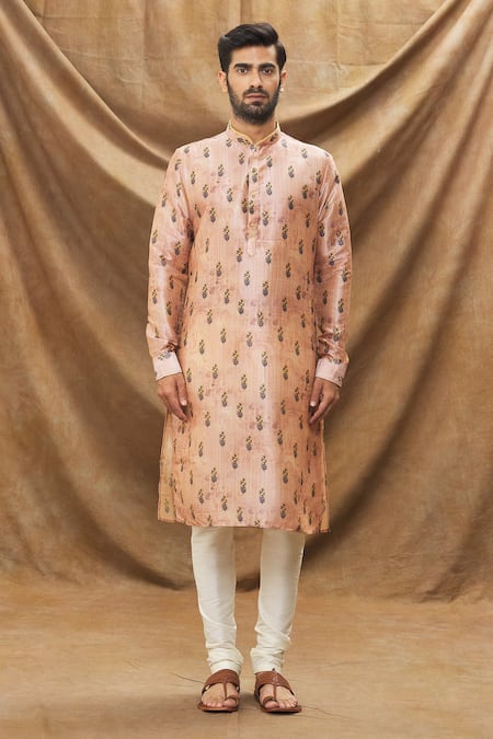 Arihant Rai Sinha_Peach , Chanderi Embroidery Botanic Print Kurta And Churidar Set _Online_at_Aza_Fashions
