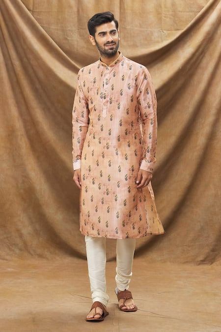 Buy_Arihant Rai Sinha_Peach , Chanderi Embroidery Botanic Print Kurta And Churidar Set _Online_at_Aza_Fashions