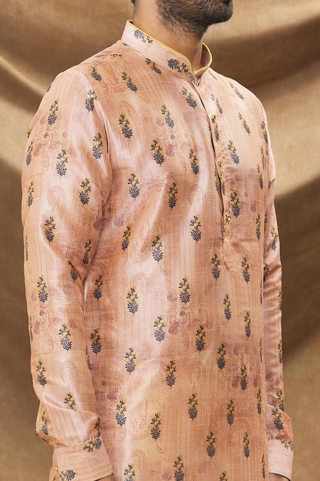 Shop_Arihant Rai Sinha_Peach , Chanderi Embroidery Botanic Print Kurta And Churidar Set _Online_at_Aza_Fashions