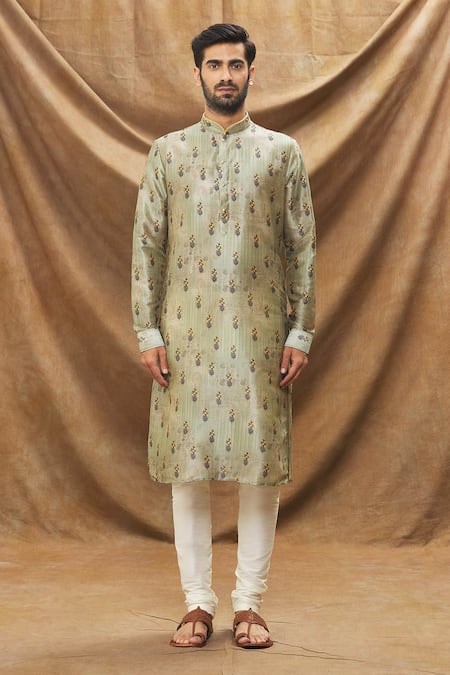 Buy_Arihant Rai Sinha_Green Silk, Chanderi Botanical Print Kurta And Churidar Set _Online_at_Aza_Fashions