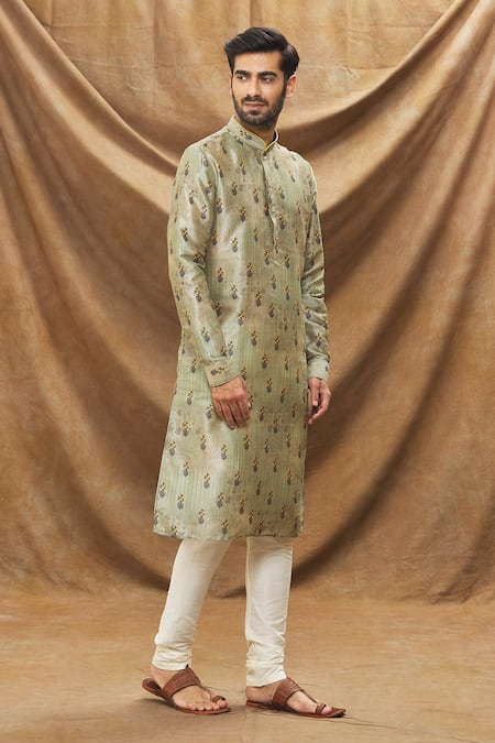 Shop_Arihant Rai Sinha_Green Silk, Chanderi Botanical Print Kurta And Churidar Set _Online_at_Aza_Fashions