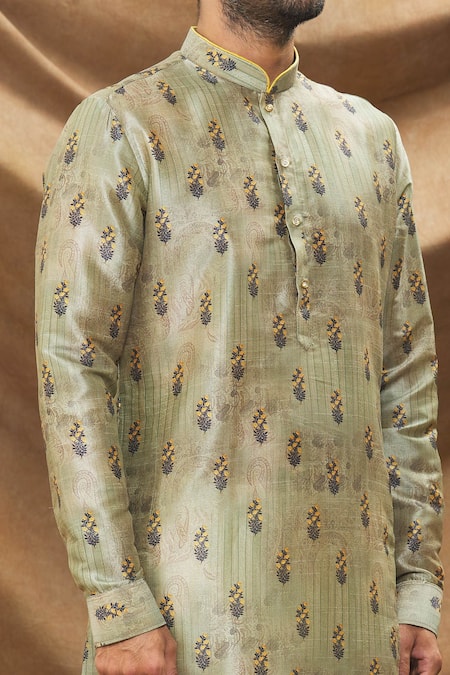 Arihant Rai Sinha_Green Silk, Chanderi Botanical Print Kurta And Churidar Set _at_Aza_Fashions