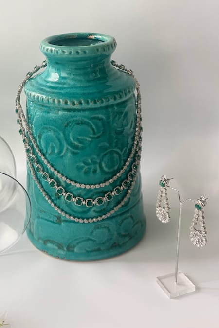 Shop_Studio6 Jewels_Green Crystals, Stones Embellished Layered Necklace Set _at_Aza_Fashions