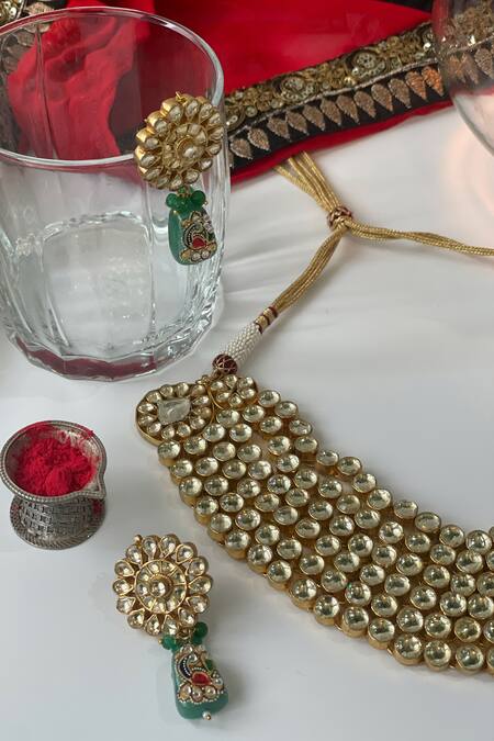 Studio6 Jewels_Orange Metallic Thread, Stones Kundan Polki Embellished Necklace Set _Online_at_Aza_Fashions