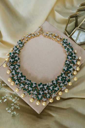 Buy Studio6 Jewels Green Crystals, Pearls Floral Cut Work Studded Necklace Set Online at Aza Fashions Buy_Studio6 Jewels_Green Crystals, Pearls Floral Cut Work Studded Necklace Set _Online_at_Aza_Fashions