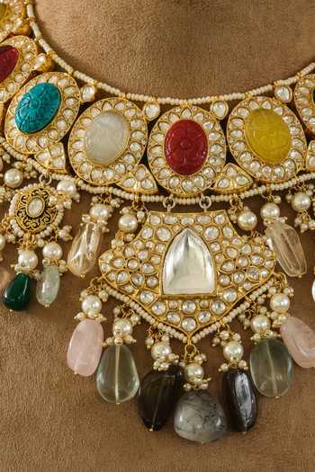 Shop Studio6 Jewels Multi Color Stones, Pearls, Zari Navratna Embellished Choker Necklace Set Online at Aza Fashions Shop_Studio6 Jewels_Multi Color Stones, Pearls, Zari Navratna Embellished Choker Necklace Set _Online_at_Aza_Fashions