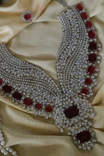 Buy_Studio6 Jewels_Red Crystals, Stones Victorian Cut Work Necklace Set _Online_at_Aza_Fashions