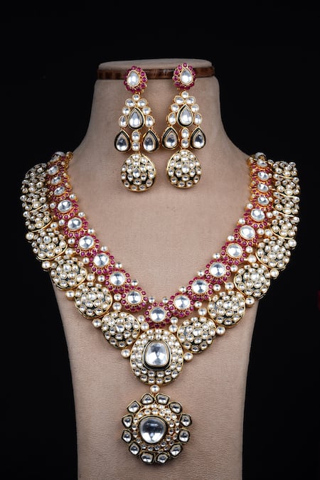 Studio6 Jewels Red Diamonds, Stones Kundan Embellished Pendant Necklace Set 