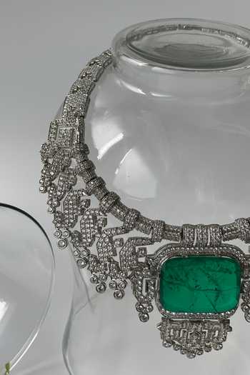 Studio6 Jewels_Green Crystals, Stones Geometric Cut Work Embellished Necklace Set _Online_at_Aza_Fashions