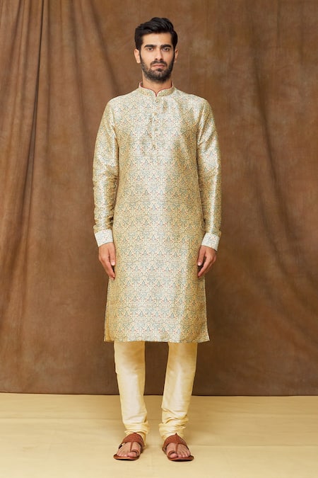 Arihant Rai Sinha_Cream , Chanderi Embroidery Flower Print Kurta And Gold Churidar Set _Online_at_Aza_Fashions