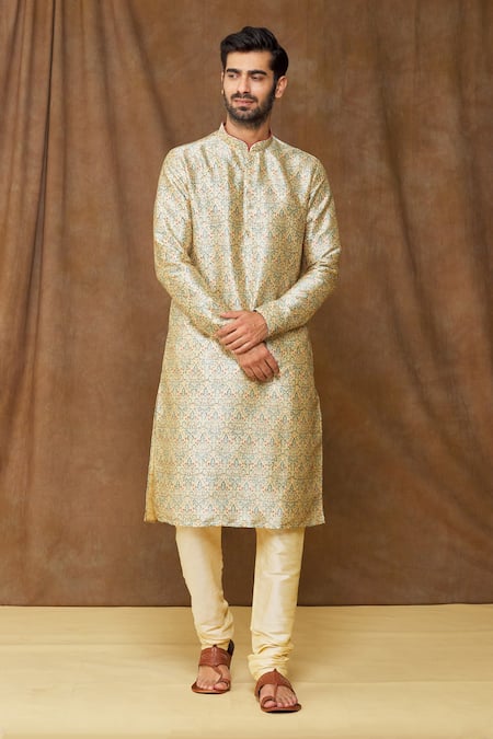 Buy_Arihant Rai Sinha_Cream , Chanderi Embroidery Flower Print Kurta And Gold Churidar Set _Online_at_Aza_Fashions
