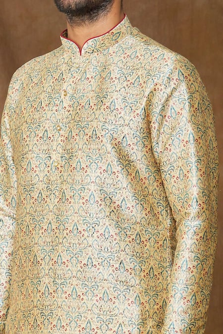 Shop_Arihant Rai Sinha_Cream , Chanderi Embroidery Flower Print Kurta And Gold Churidar Set _Online_at_Aza_Fashions
