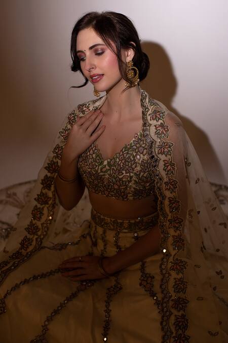 Shop_Foram Patel_Beige Organza, Net Cut Work, Lotus Cutdana Embellished Bridal Lehenga Set_Online_at_Aza_Fashions