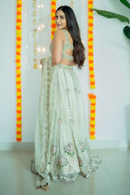 Shop_Foram Patel_Beige Organza, Net Cut Work, Lotus Cutdana Embellished Bridal Lehenga Set