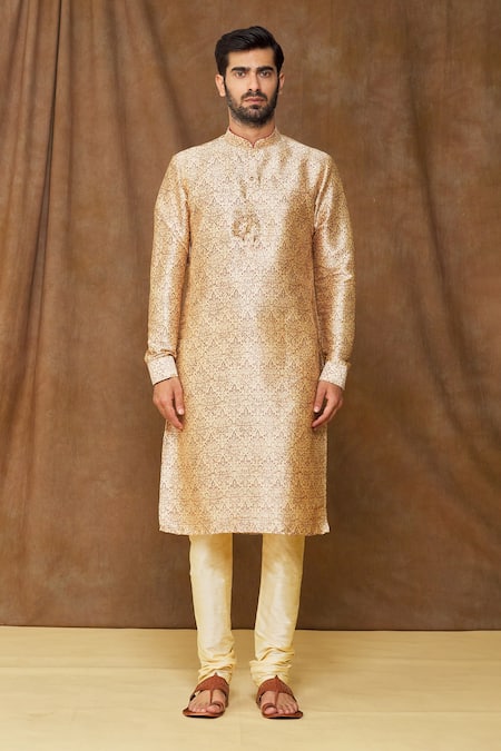 Arihant Rai Sinha Cream Chanderi Silk Embroidery Flower Print Kurta And Metallic Churidar Set Online at Aza Fashions Arihant Rai Sinha_Cream Chanderi Silk Embroidery Flower Print Kurta And Metallic Churidar Set_Online_at_Aza_Fashions