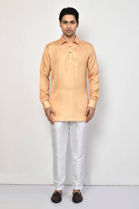 Arihant Rai Sinha_Peach Silk, Cotton Plain Short Shirt Kurta _Online_at_Aza_Fashions