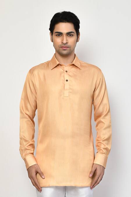 Buy_Arihant Rai Sinha_Peach Silk, Cotton Plain Short Shirt Kurta _Online_at_Aza_Fashions