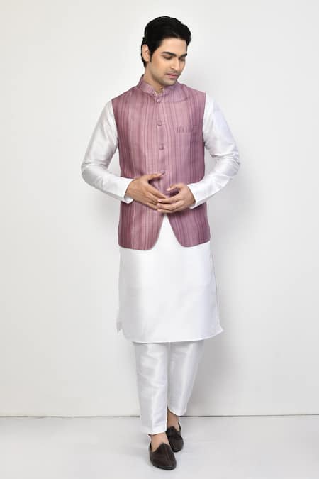 Arihant Rai Sinha Stripe Print Mandarin Collar Bundi 