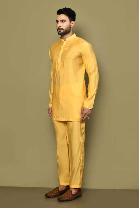Shop_Arihant Rai Sinha_Yellow Silk, Cotton Mandarin Collar Kurta _Online_at_Aza_Fashions
