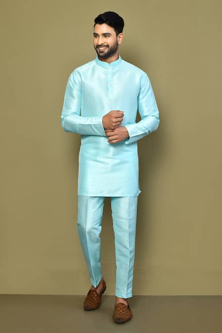 Arihant Rai Sinha Blue Silk, Cotton Solid Full Sleeve Kurta 
