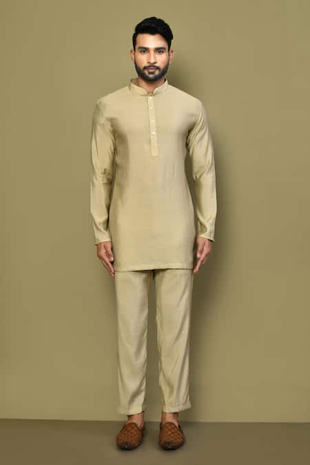 Buy_Arihant Rai Sinha_Yellow Cotton Mandarin Collar Solid Kurta _Online_at_Aza_Fashions