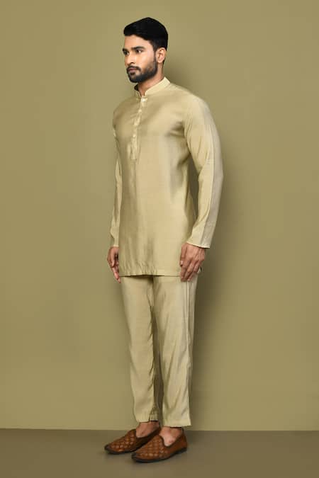 Shop_Arihant Rai Sinha_Yellow Cotton Mandarin Collar Solid Kurta _Online_at_Aza_Fashions
