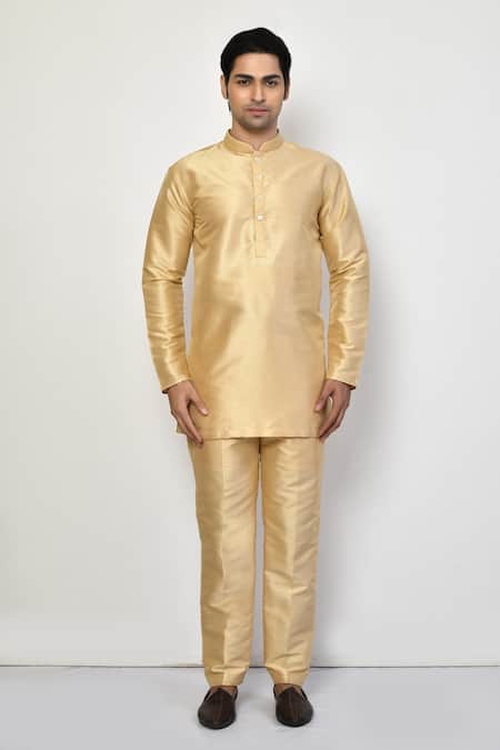 Buy_Arihant Rai Sinha_Gold Silk, Cotton Plain Short Kurta_Online_at_Aza_Fashions