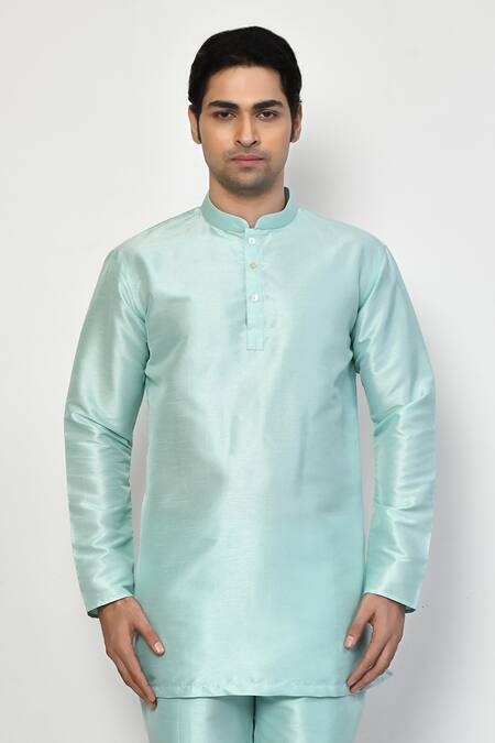 Arihant Rai Sinha Green Silk, Cotton Plain Full Sleeve Short Kurta Online at Aza Fashions Arihant Rai Sinha_Green Silk, Cotton Plain Full Sleeve Short Kurta _Online_at_Aza_Fashions