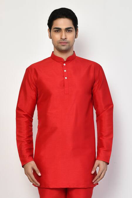 Arihant Rai Sinha Red Silk, Cotton Mandarin Collar Straight Kurta Online at Aza Fashions Arihant Rai Sinha_Red Silk, Cotton Mandarin Collar Straight Kurta _Online_at_Aza_Fashions