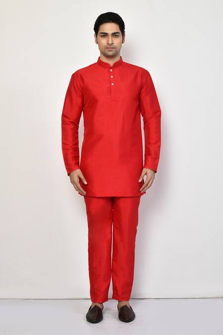 Buy Arihant Rai Sinha Red Silk, Cotton Mandarin Collar Straight Kurta Online at Aza Fashions Buy_Arihant Rai Sinha_Red Silk, Cotton Mandarin Collar Straight Kurta _Online_at_Aza_Fashions