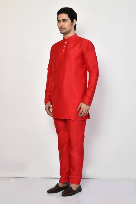 Shop Arihant Rai Sinha Red Silk, Cotton Mandarin Collar Straight Kurta Online at Aza Fashions Shop_Arihant Rai Sinha_Red Silk, Cotton Mandarin Collar Straight Kurta _Online_at_Aza_Fashions
