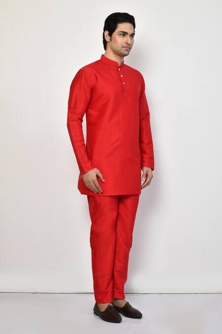 Arihant Rai Sinha Red Silk, Cotton Mandarin Collar Straight Kurta at Aza Fashions Arihant Rai Sinha_Red Silk, Cotton Mandarin Collar Straight Kurta _at_Aza_Fashions