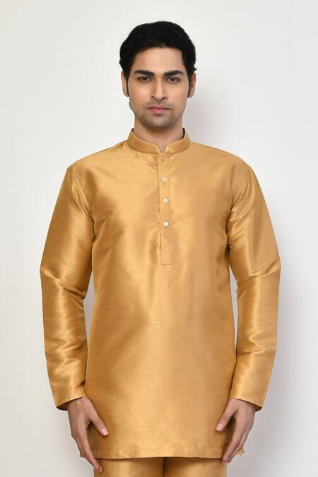 Arihant Rai Sinha_Gold Silk, Cotton Full Sleeve Short Kurta _Online_at_Aza_Fashions